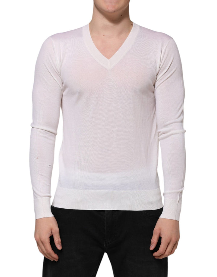 Dolce & Gabbana White Cashmere Logo V-neck Pullover Sweater - RIMODA