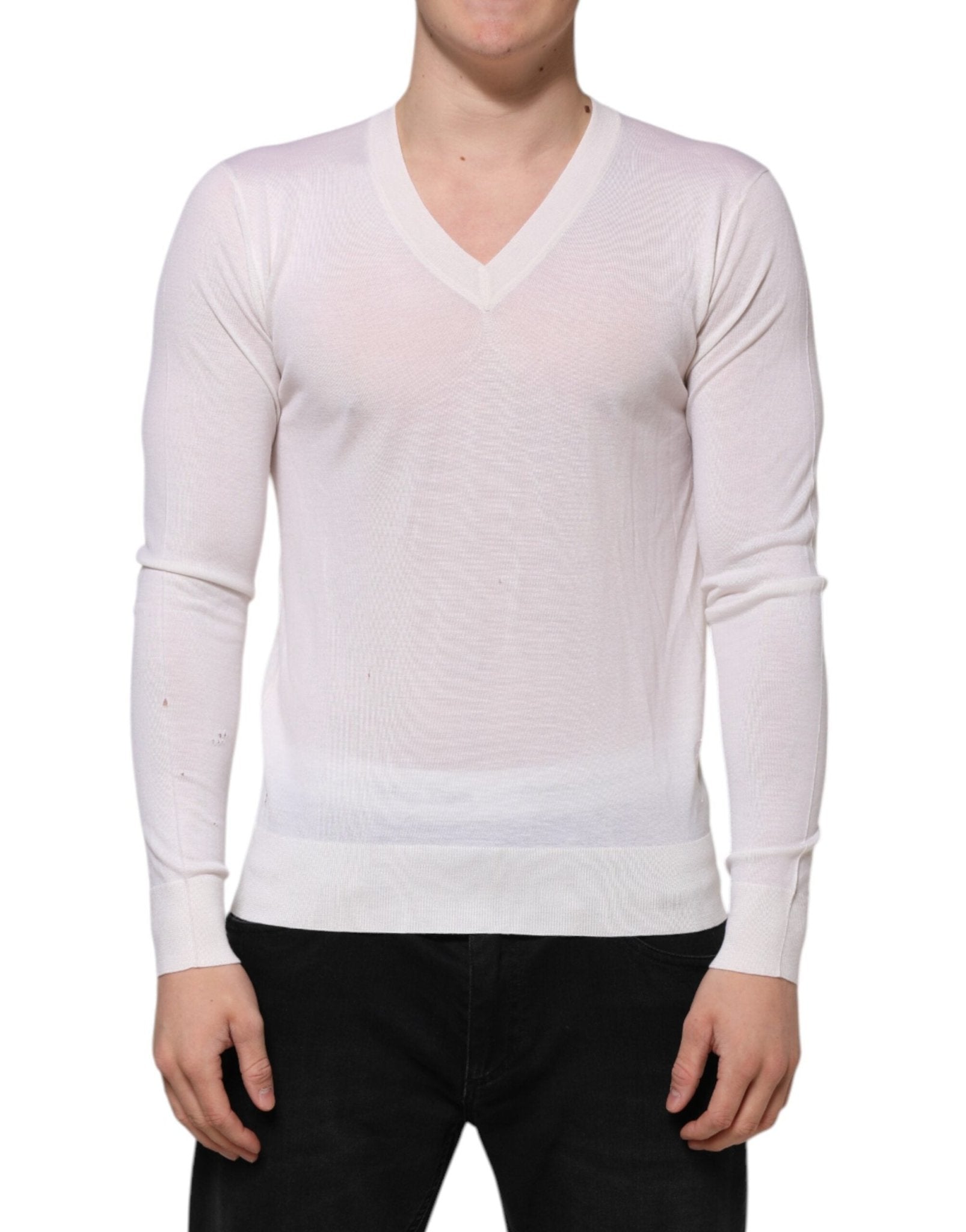 Dolce & Gabbana White Cashmere Logo V-neck Pullover Sweater - RIMODA