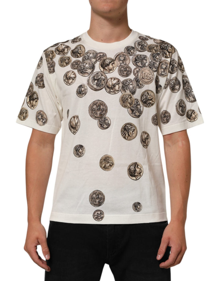 Dolce & Gabbana White Coin Print Cotton Crew Neck Men T-shirt - RIMODA