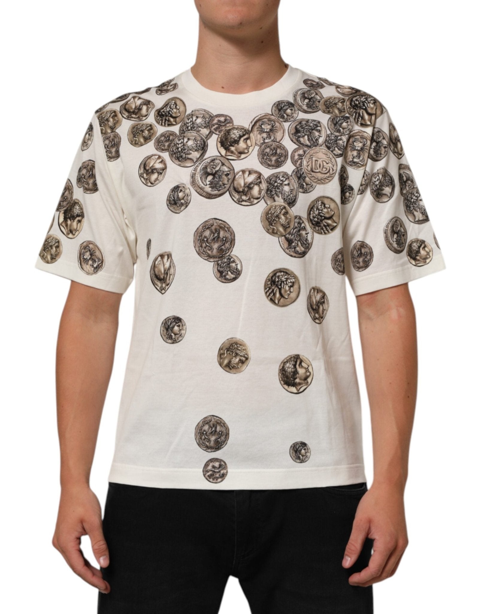 Dolce & Gabbana White Coin Print Cotton Crew Neck Men T-shirt - RIMODA