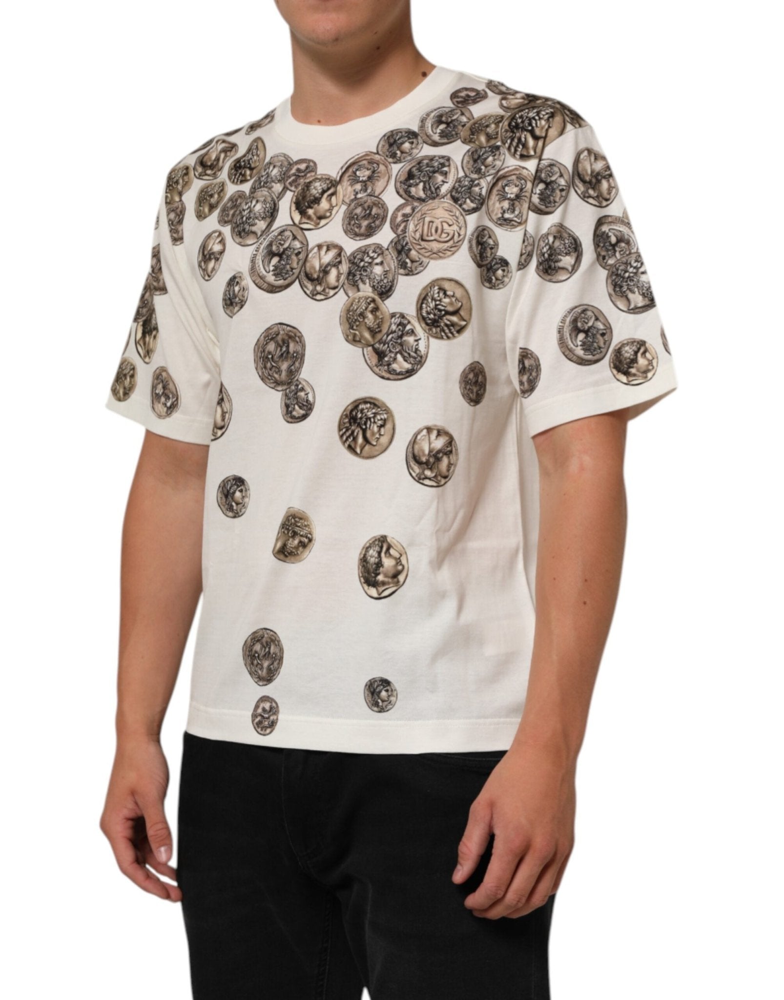 Dolce & Gabbana White Coin Print Cotton Crew Neck Men T-shirt - RIMODA