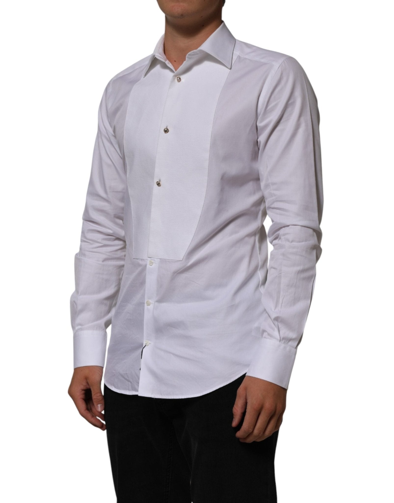 Dolce & Gabbana White Cotton Collared Bib GOLD Dress Shirt - RIMODA
