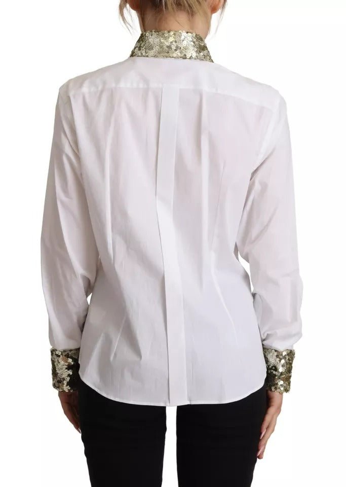 Dolce & Gabbana White Cotton Collared Long Sleeves Sequin Top Shirt - RIMODA