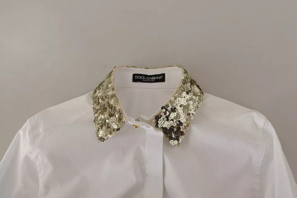 Dolce & Gabbana White Cotton Collared Long Sleeves Sequin Top Shirt - RIMODA