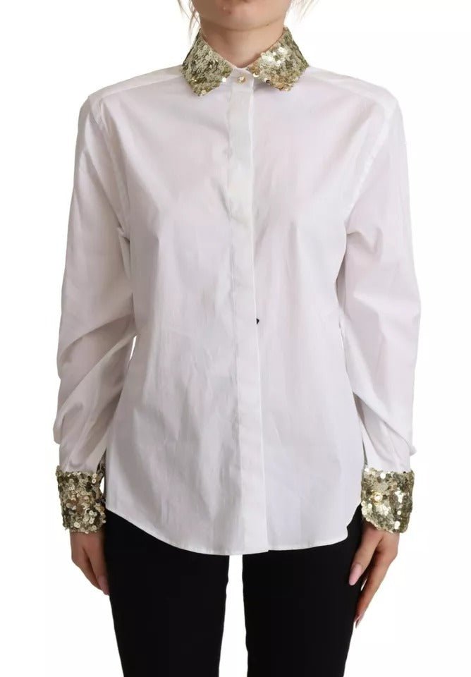 Dolce & Gabbana White Cotton Collared Long Sleeves Sequin Top Shirt - RIMODA