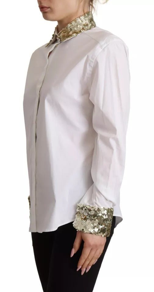 Dolce & Gabbana White Cotton Collared Long Sleeves Sequin Top Shirt - RIMODA