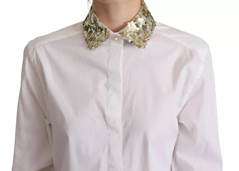 Dolce & Gabbana White Cotton Collared Long Sleeves Sequin Top Shirt - RIMODA