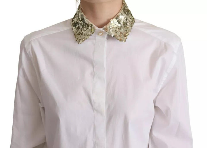 Dolce & Gabbana White Cotton Collared Long Sleeves Sequin Top Shirt - RIMODA