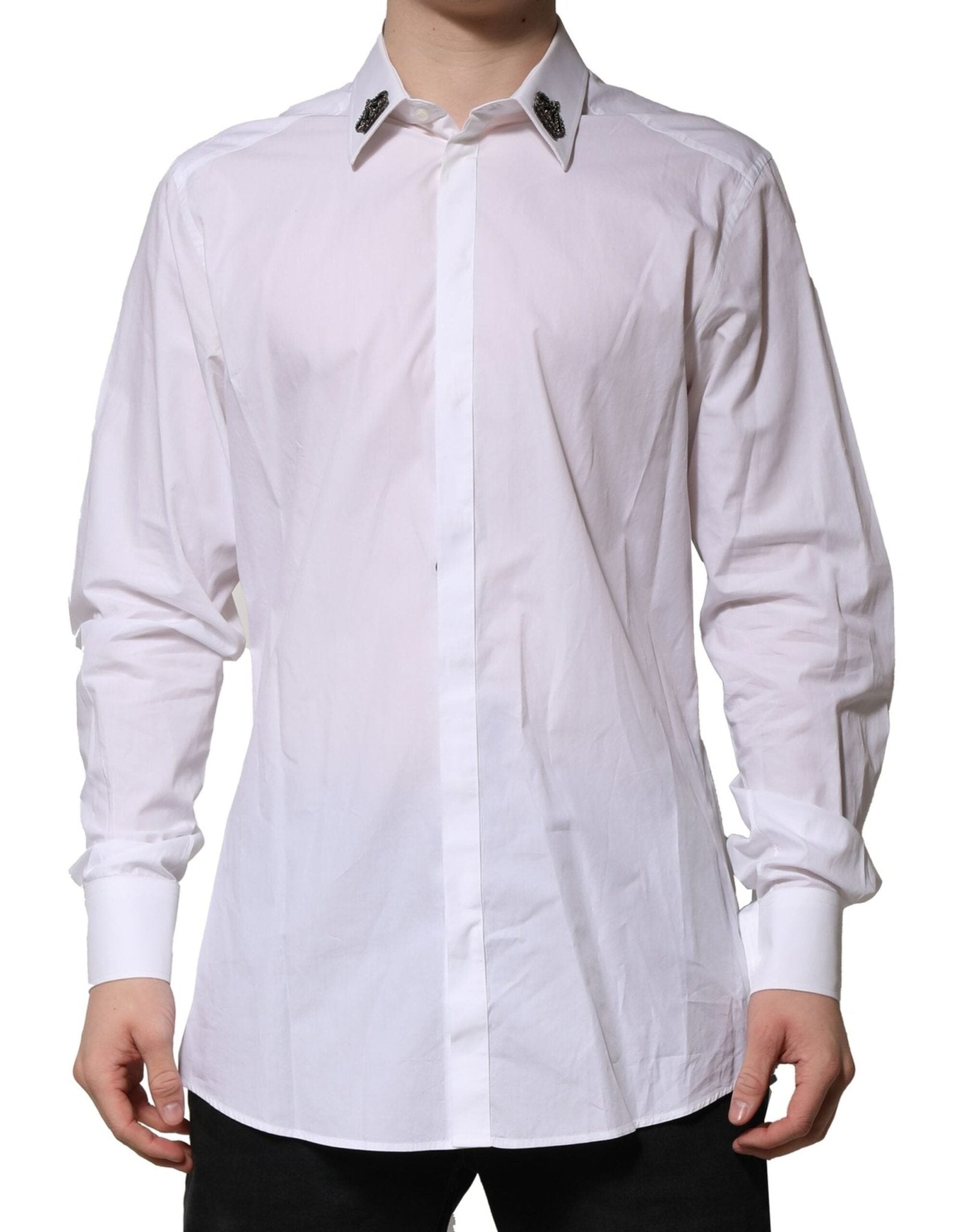 Dolce & Gabbana White Cotton Crown Collar GOLD Formal Shirt - RIMODA