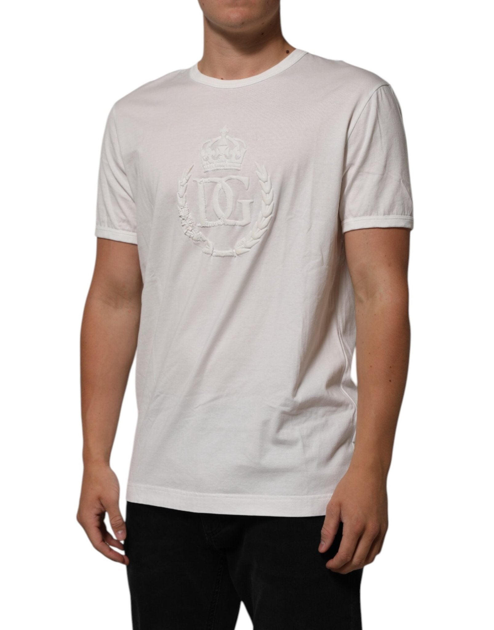 Dolce & Gabbana White Cotton DG Crown Embossed Men T-shirt - RIMODA