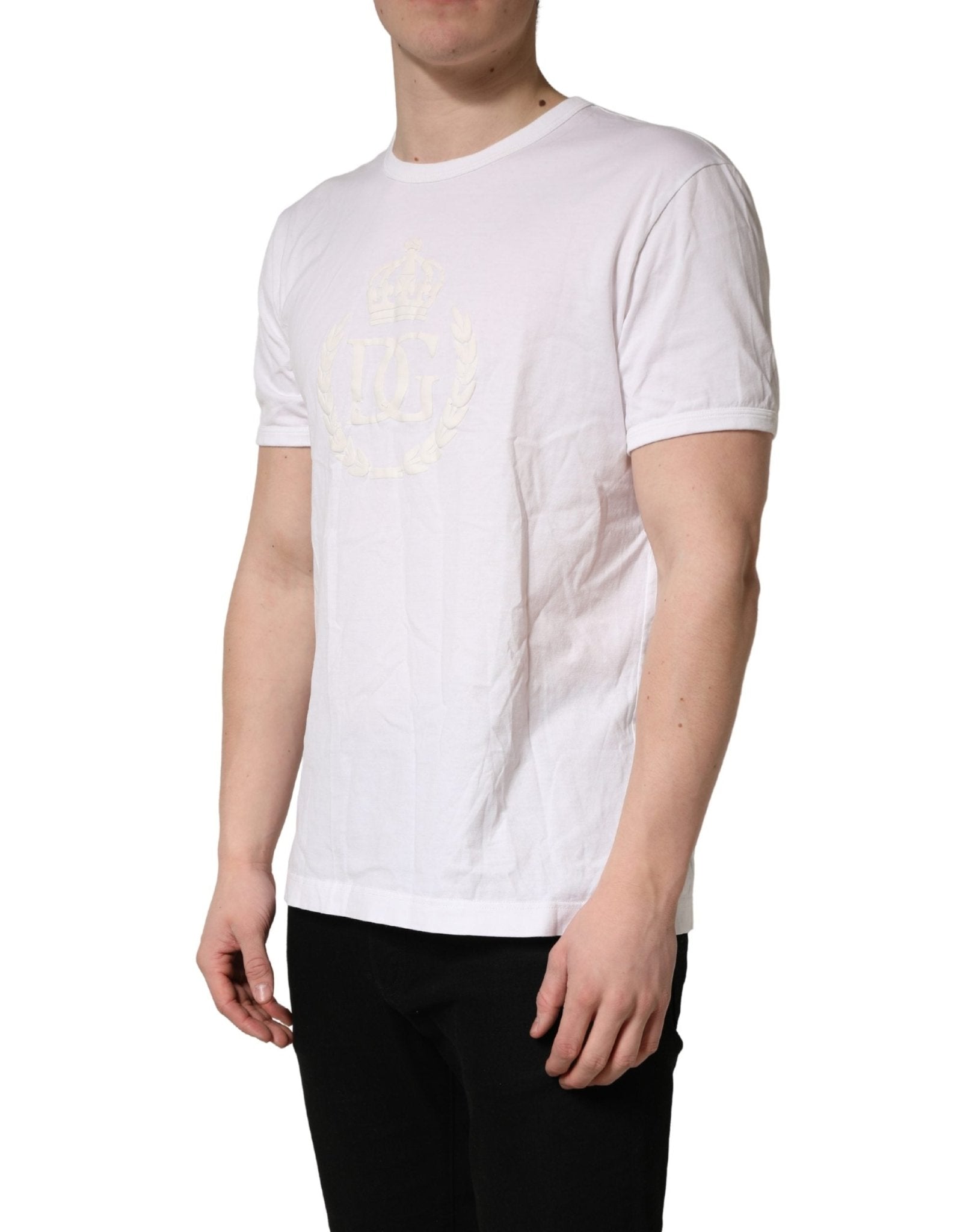 Dolce & Gabbana White Cotton DG Crown Embossed Men T-shirt - RIMODA