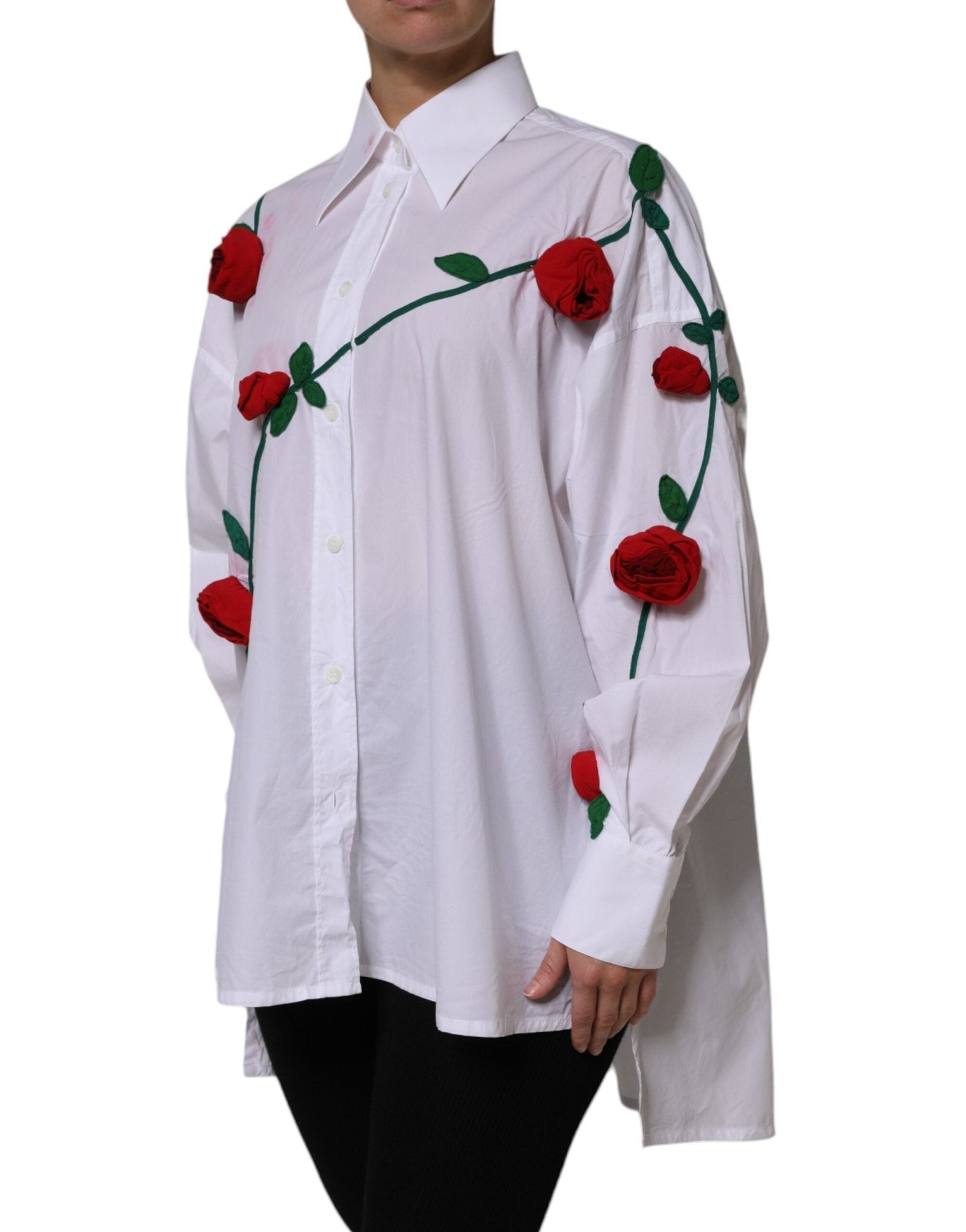Dolce & Gabbana White Cotton Floral Appliques Dress Shirt Top - RIMODA