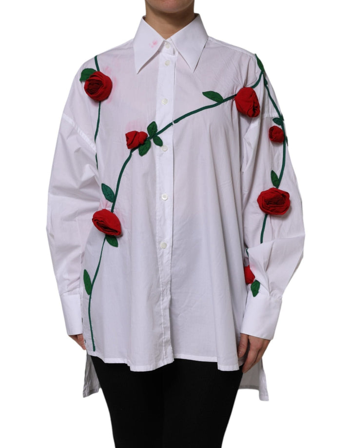 Dolce & Gabbana White Cotton Floral Appliques Dress Shirt Top - RIMODA