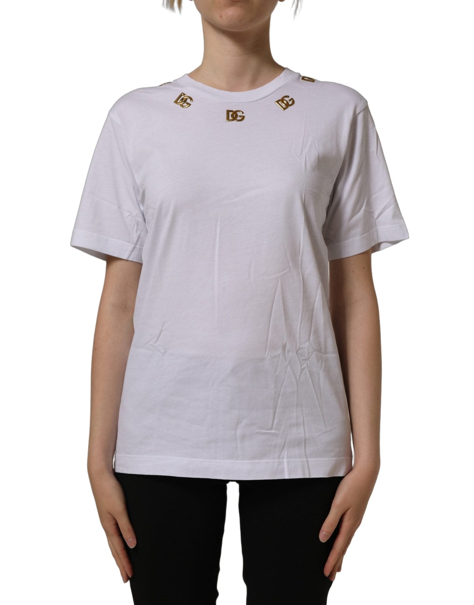 Dolce & Gabbana White Cotton Gold DG Logo Crew Neck T-shirt - RIMODA