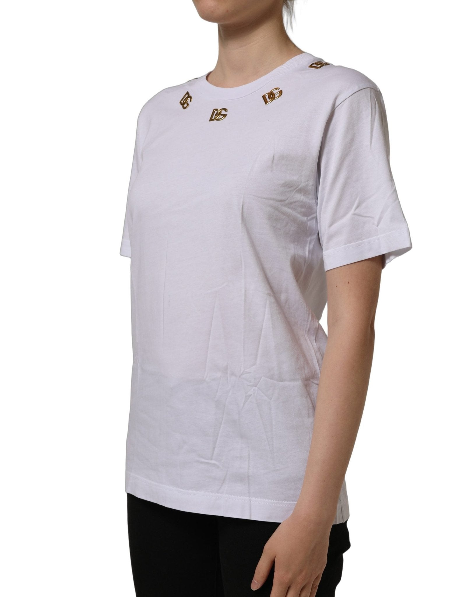 Dolce & Gabbana White Cotton Gold DG Logo Crew Neck T-shirt - RIMODA