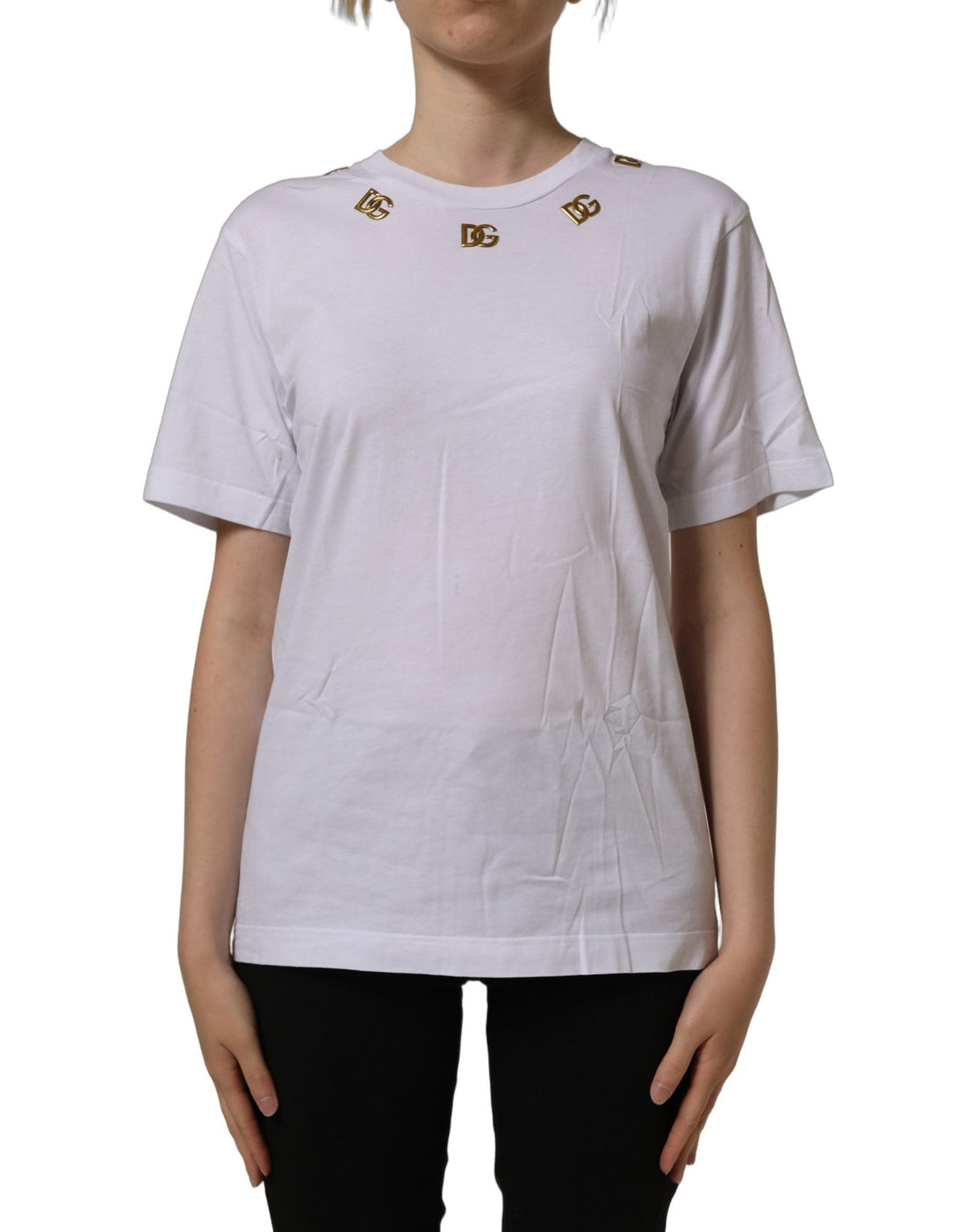 Dolce & Gabbana White Cotton Gold DG Logo Crew Neck T-shirt - RIMODA