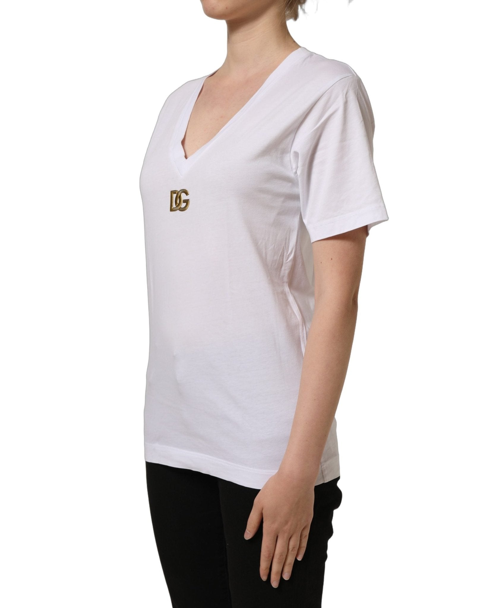 Dolce & Gabbana White Cotton Gold DG Logo V-Neck T-shirt - RIMODA