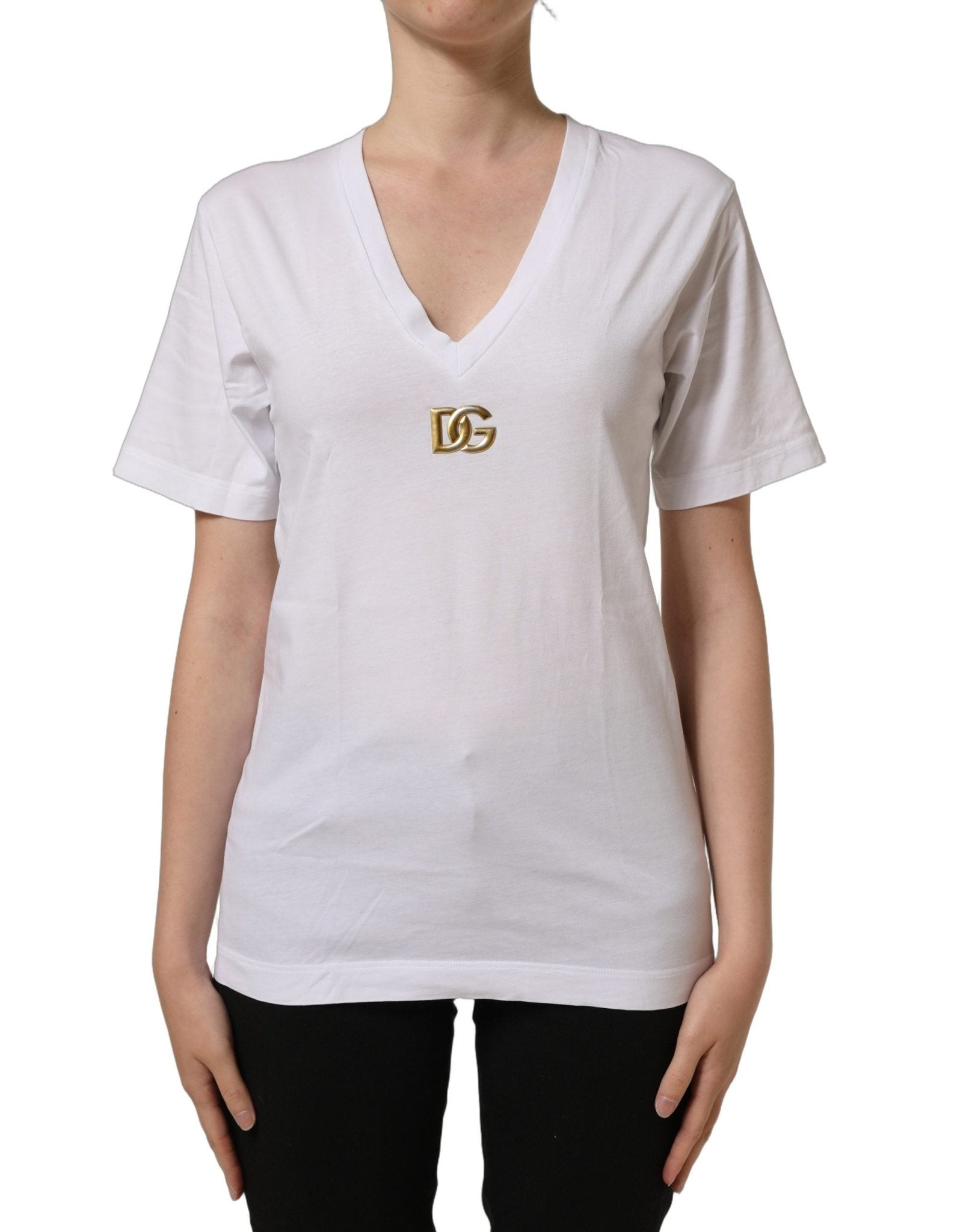 Dolce & Gabbana White Cotton Gold DG Logo V-Neck T-shirt - RIMODA