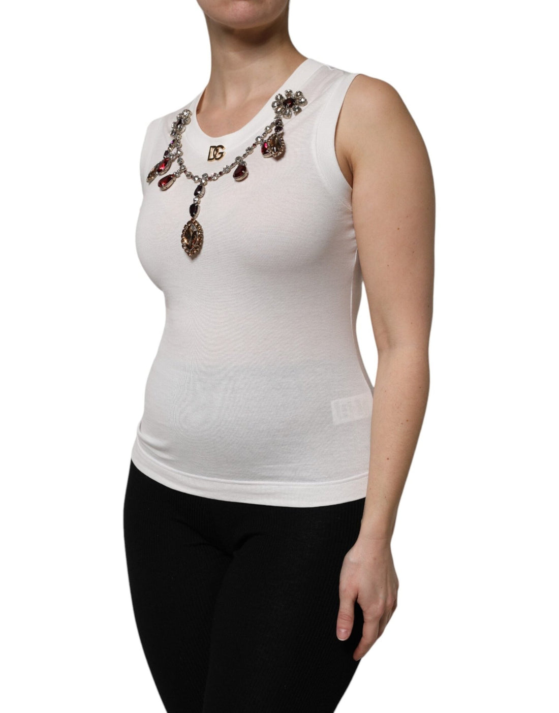 Dolce & Gabbana White Cotton Logo Crystal Detailing Tank Top - RIMODA