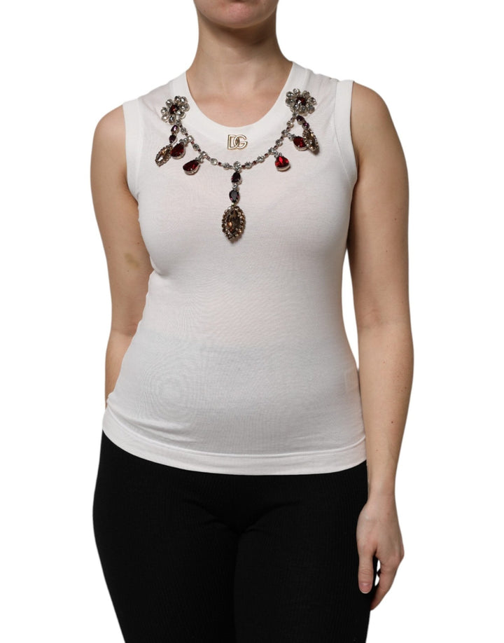 Dolce & Gabbana White Cotton Logo Crystal Detailing Tank Top - RIMODA