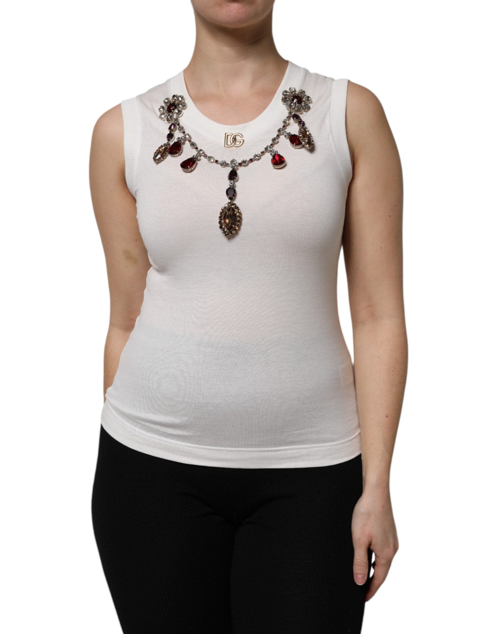 Dolce & Gabbana White Cotton Logo Crystal Detailing Tank Top - RIMODA