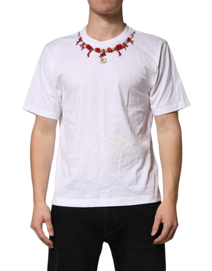 Dolce & Gabbana White Cotton Necklace Embellished T-shirt - RIMODA
