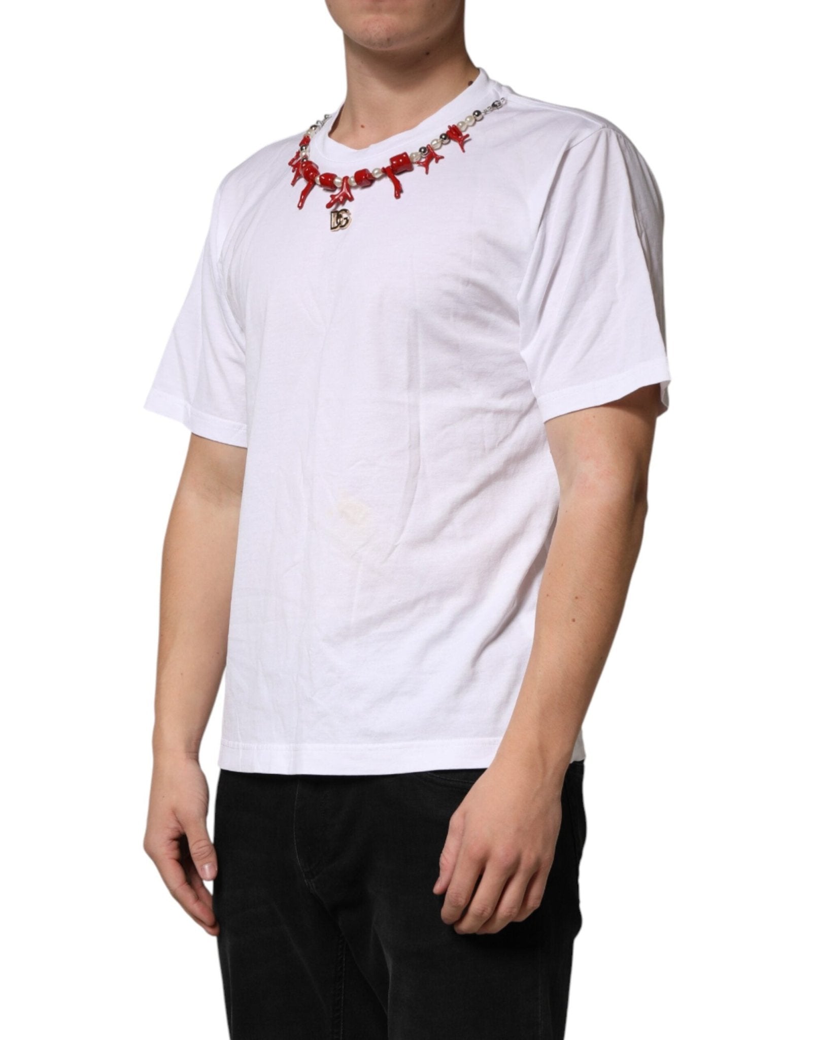 Dolce & Gabbana White Cotton Necklace Embellished T-shirt - RIMODA