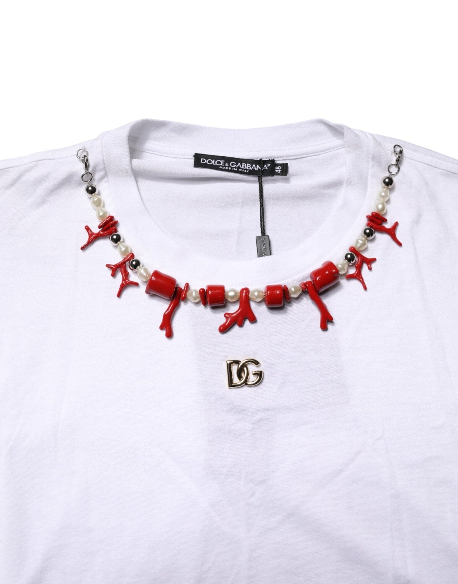 Dolce & Gabbana White Cotton Necklace Embellished T-shirt - RIMODA