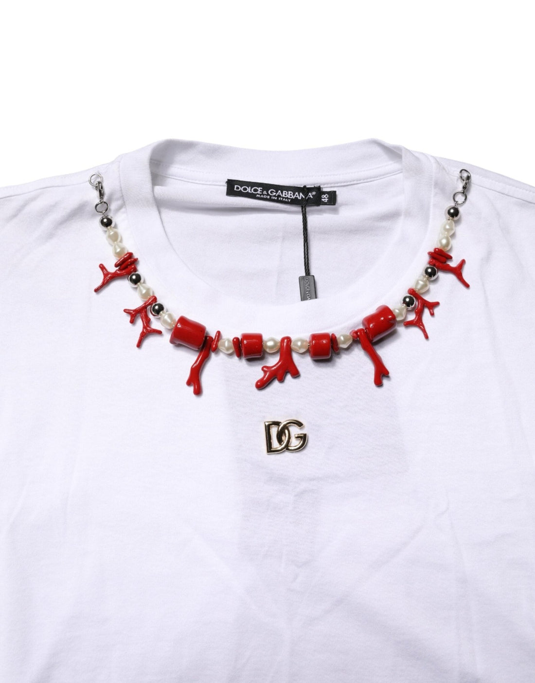 Dolce & Gabbana White Cotton Necklace Embellished T-shirt - RIMODA