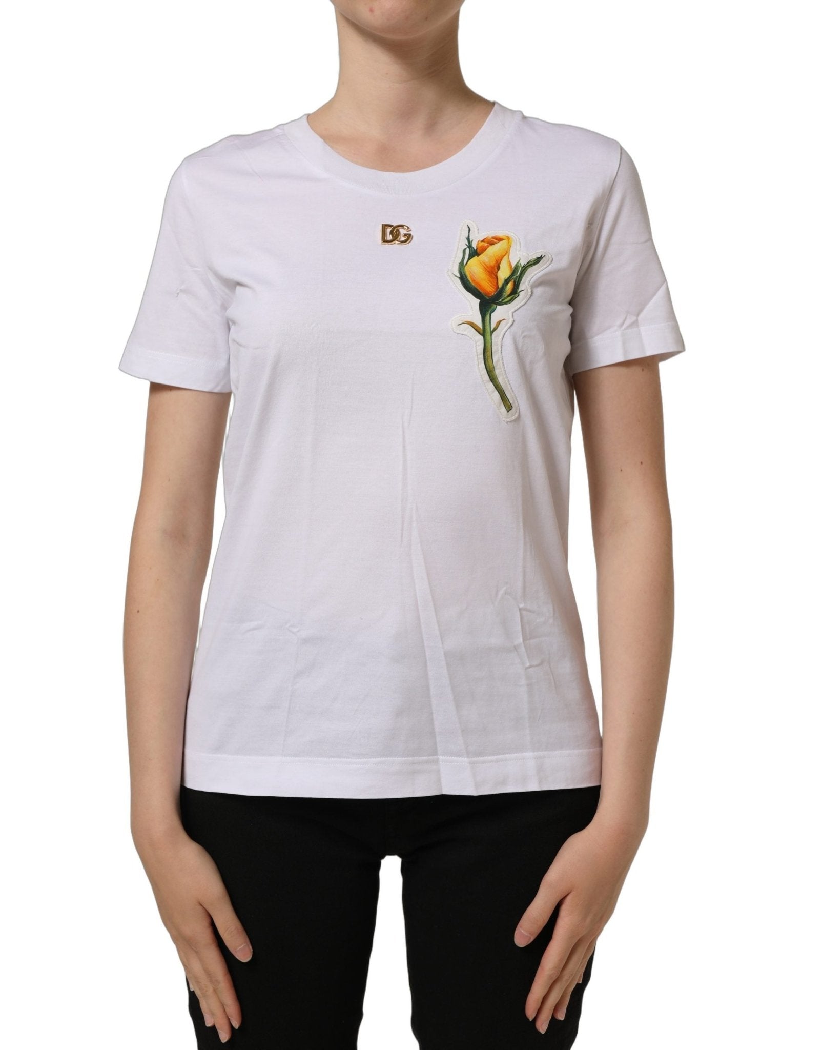 Dolce & Gabbana White Cotton Rose Patch Crew Neck T-shirt - RIMODA