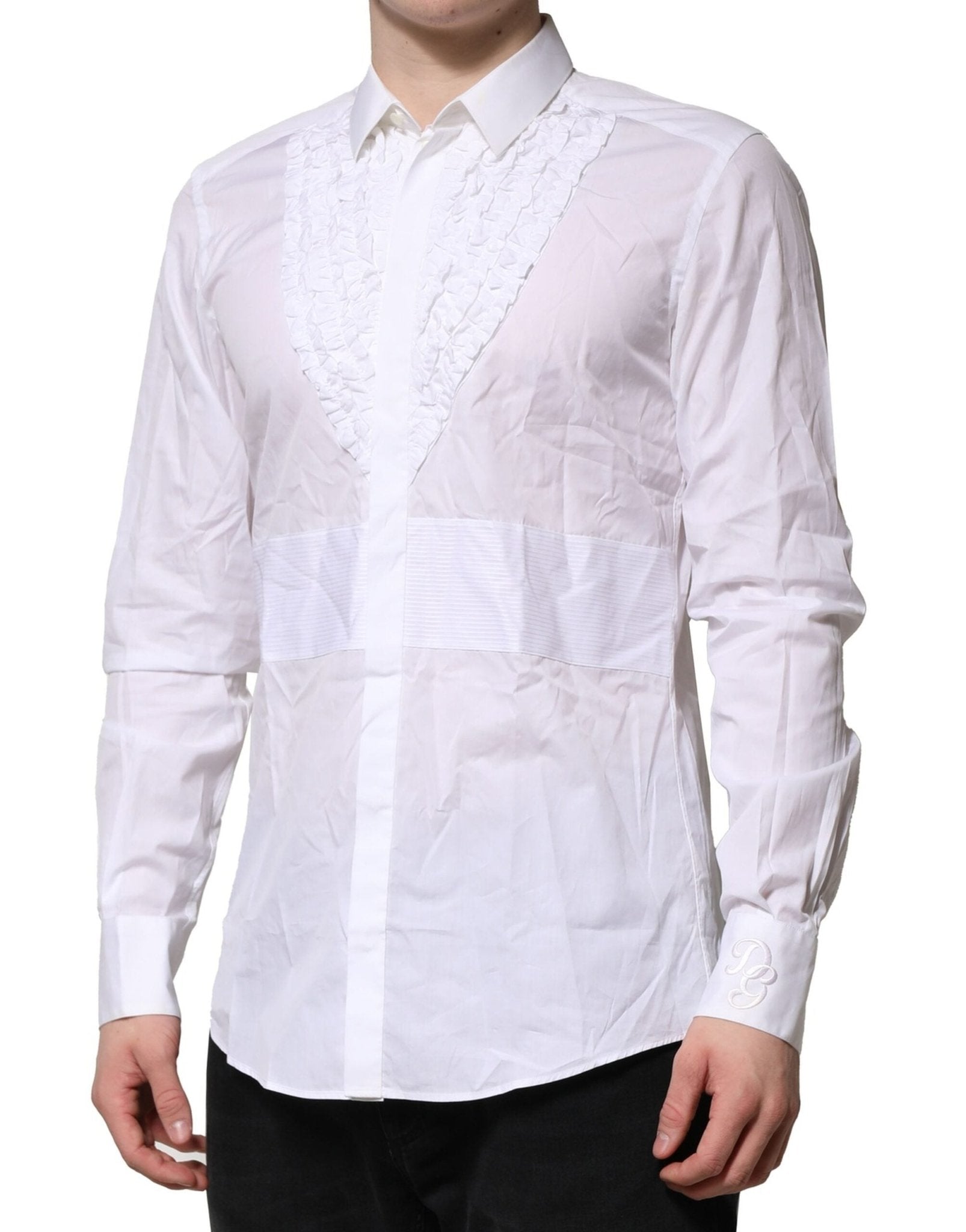 Dolce & Gabbana White Cotton Ruffled Detailing Formal Shirt - RIMODA