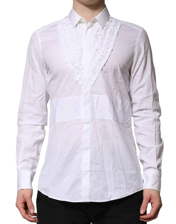 Dolce & Gabbana White Cotton Ruffled Detailing Formal Shirt - RIMODA