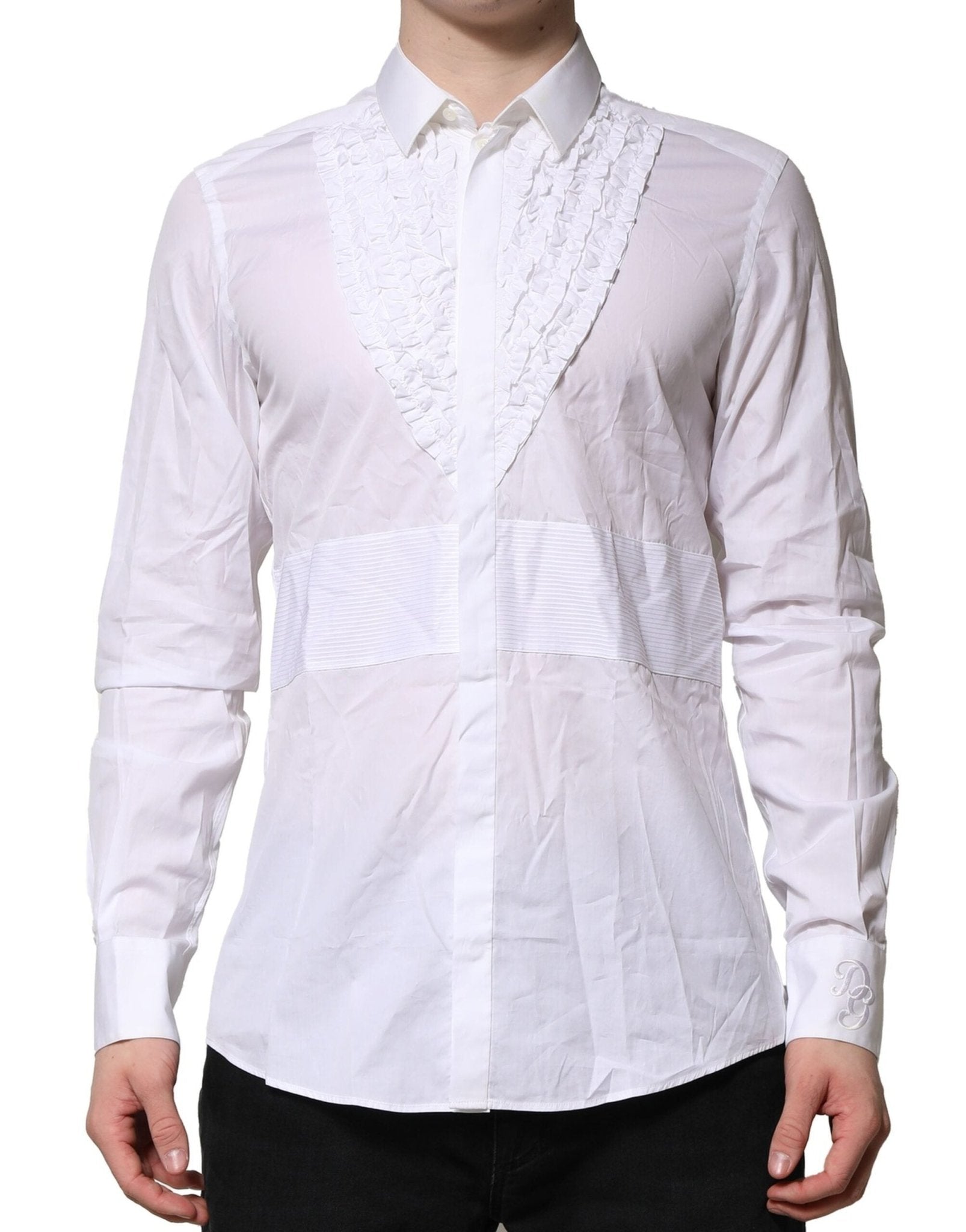Dolce & Gabbana White Cotton Ruffled Detailing Formal Shirt - RIMODA