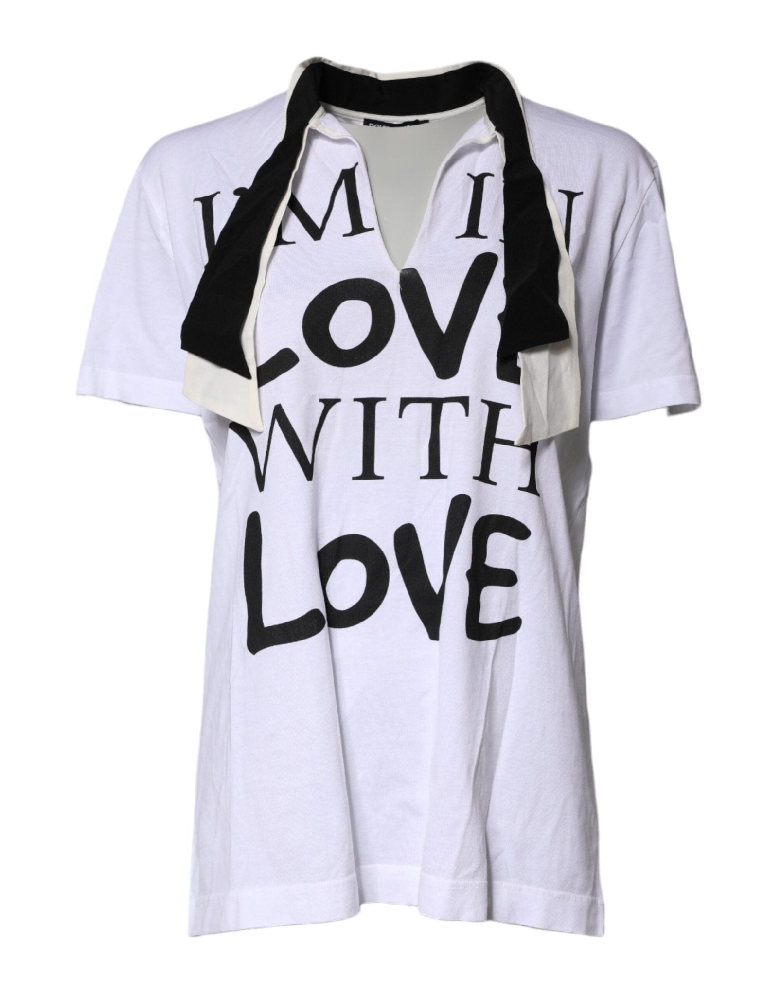 Dolce & Gabbana White Cotton Silk Blend Ascot Collar T-shirt - RIMODA