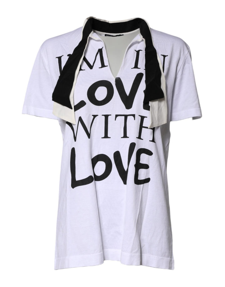 Dolce & Gabbana White Cotton Silk Blend Ascot Collar T-shirt - RIMODA