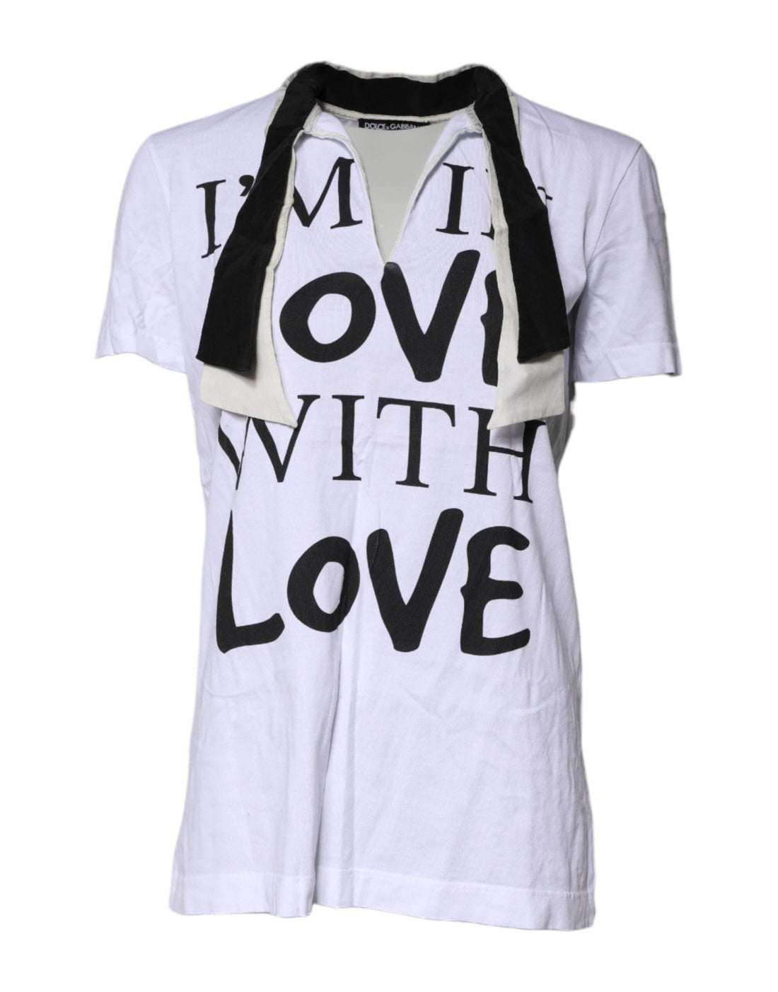 Dolce & Gabbana White Cotton Silk Blend Ascot Collar T-shirt - RIMODA