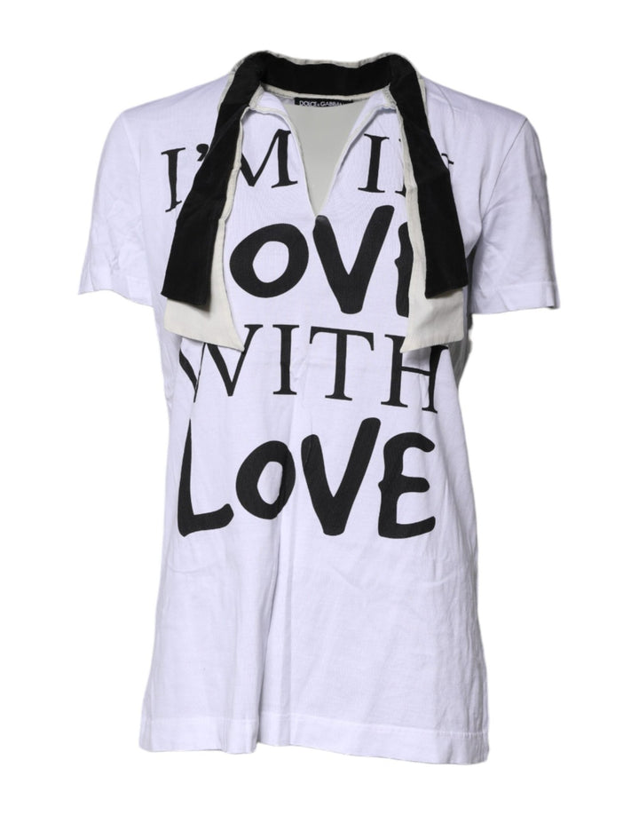 Dolce & Gabbana White Cotton Silk Blend Ascot Collar T-shirt - RIMODA