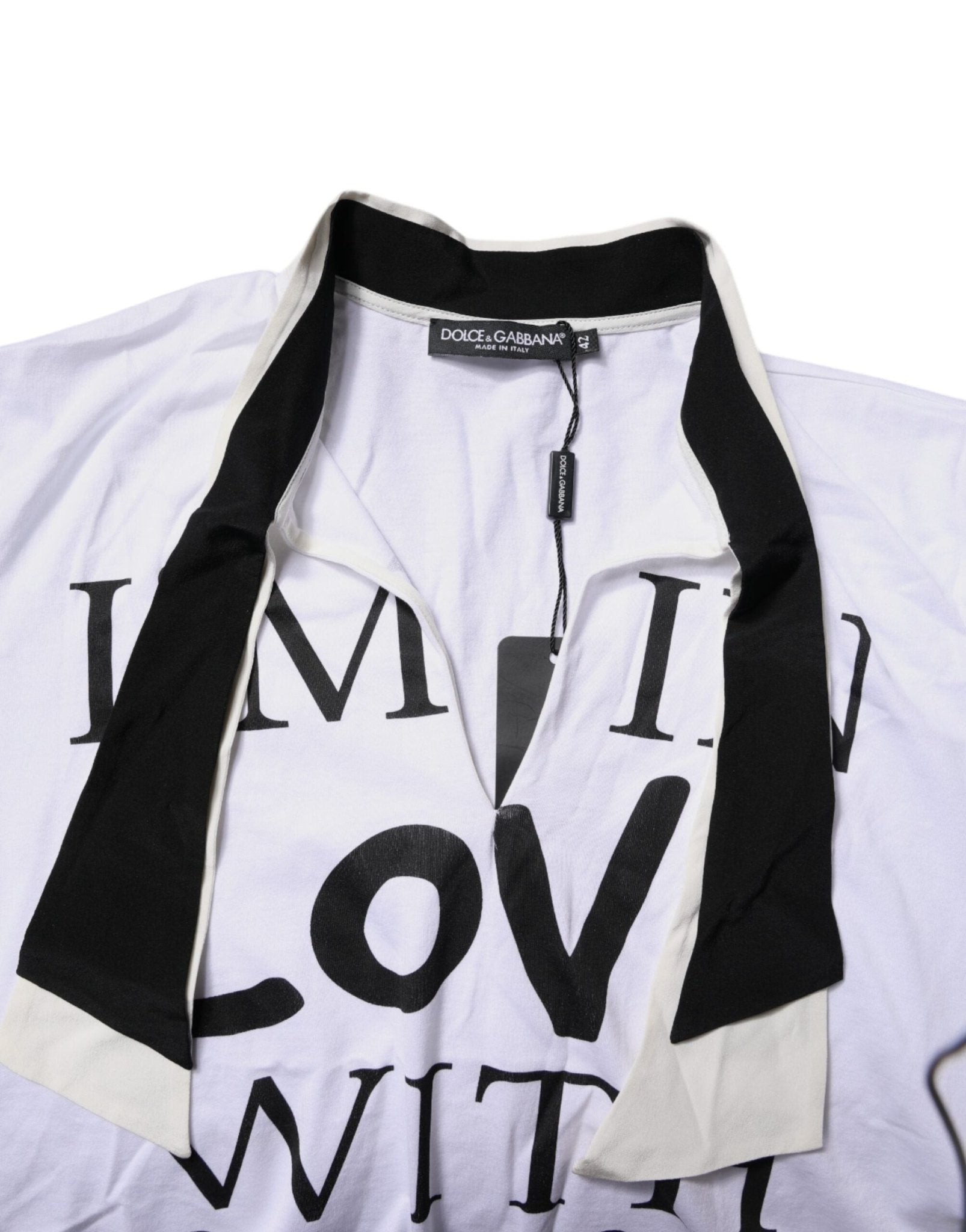 Dolce & Gabbana White Cotton Silk Blend Ascot Collar T-shirt - RIMODA