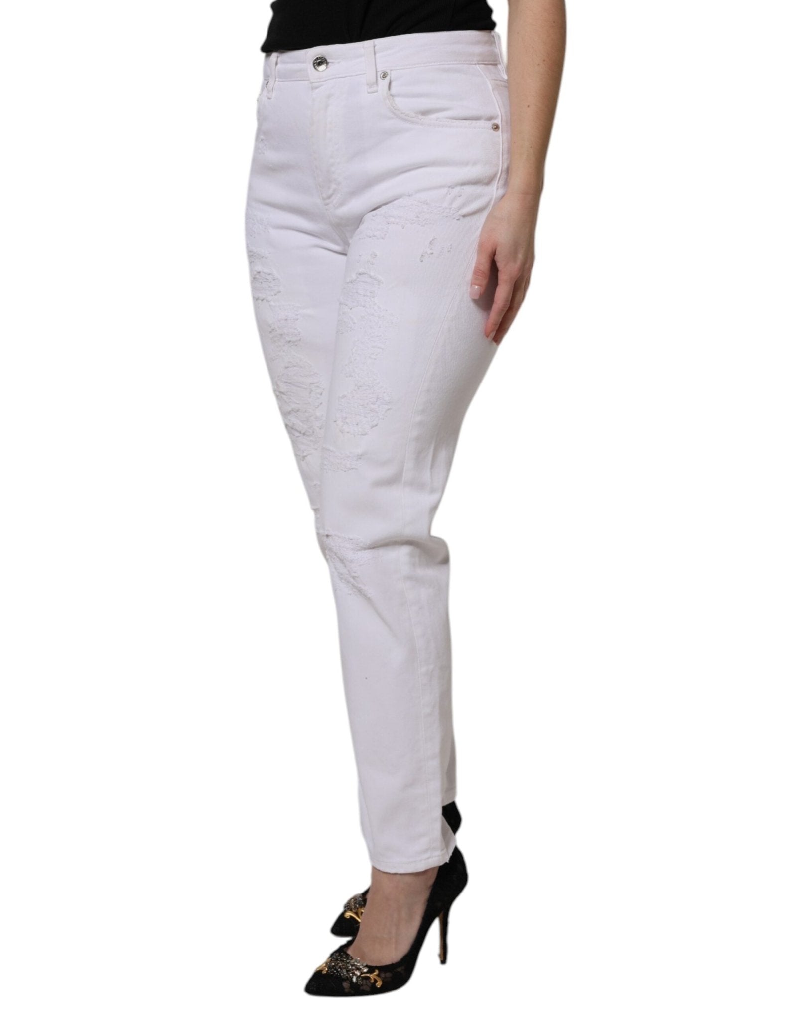 Dolce & Gabbana White Cotton Tattered BOYFRIEND Denim Jeans - RIMODA