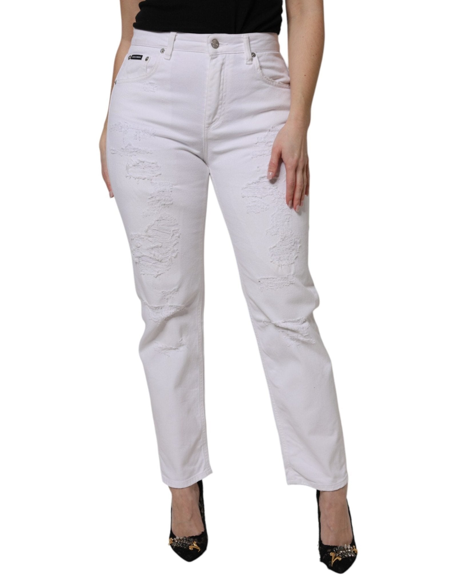Dolce & Gabbana White Cotton Tattered BOYFRIEND Denim Jeans - RIMODA