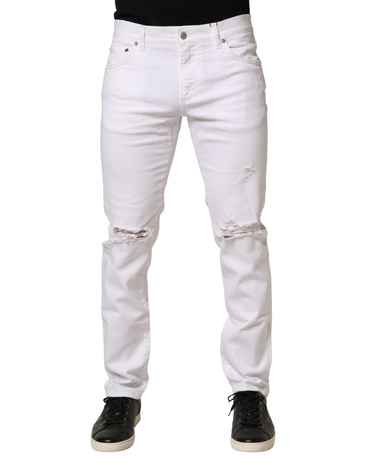 Dolce & Gabbana White Cotton Tattered Men Slim Fit Denim Jeans - RIMODA
