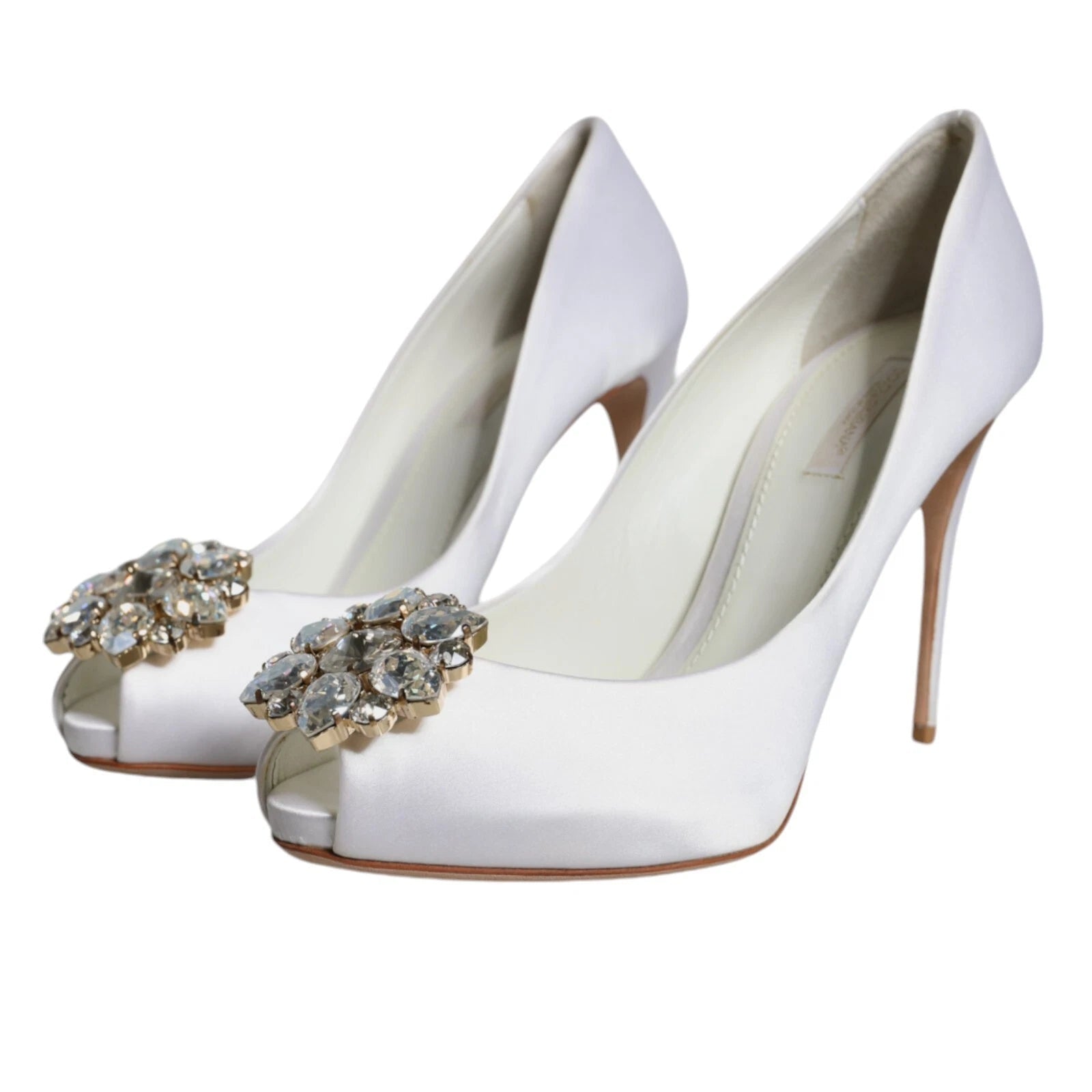 Dolce & Gabbana White Crystals Peep Toe Satin Pumps Shoes - RIMODA