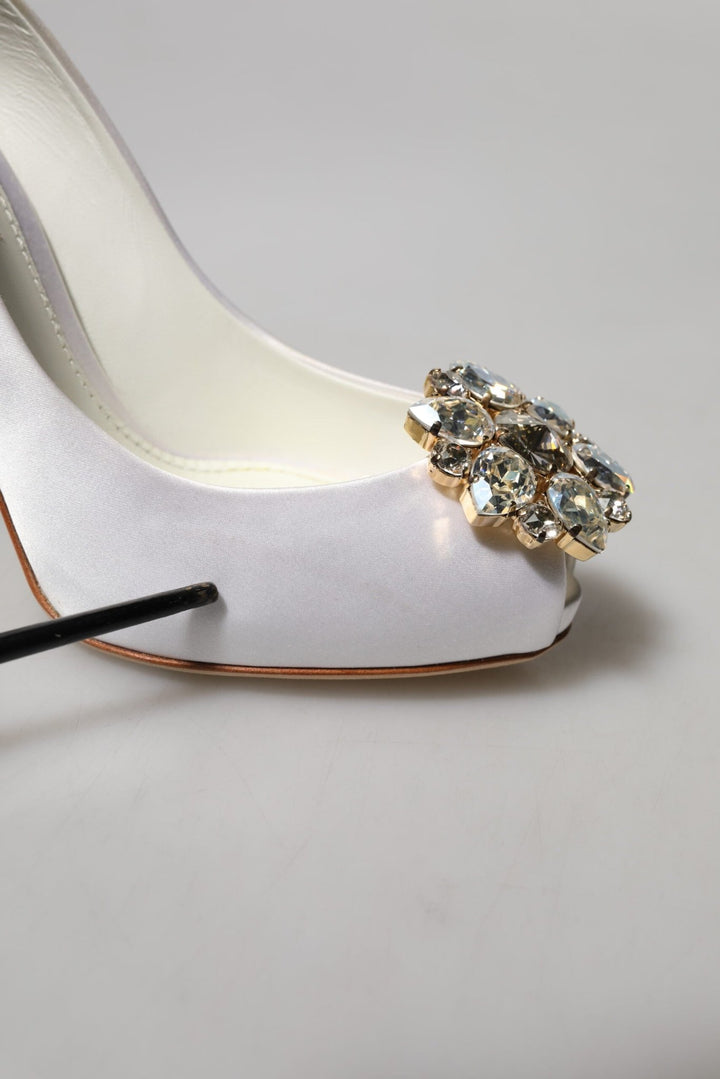 Dolce & Gabbana White Crystals Peep Toe Satin Pumps Shoes - RIMODA