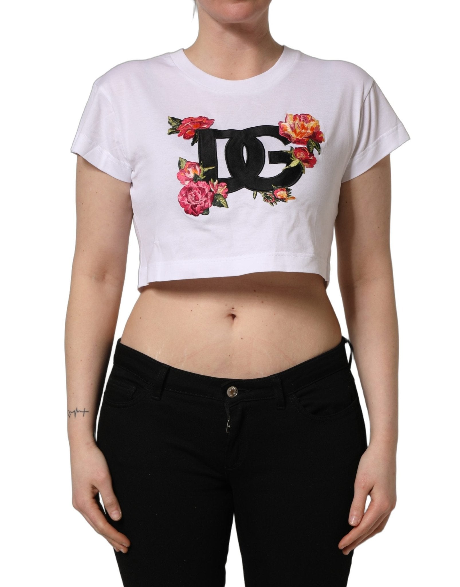 Dolce & Gabbana White DG Floral Cotton Jersey Crop T-shirt - RIMODA