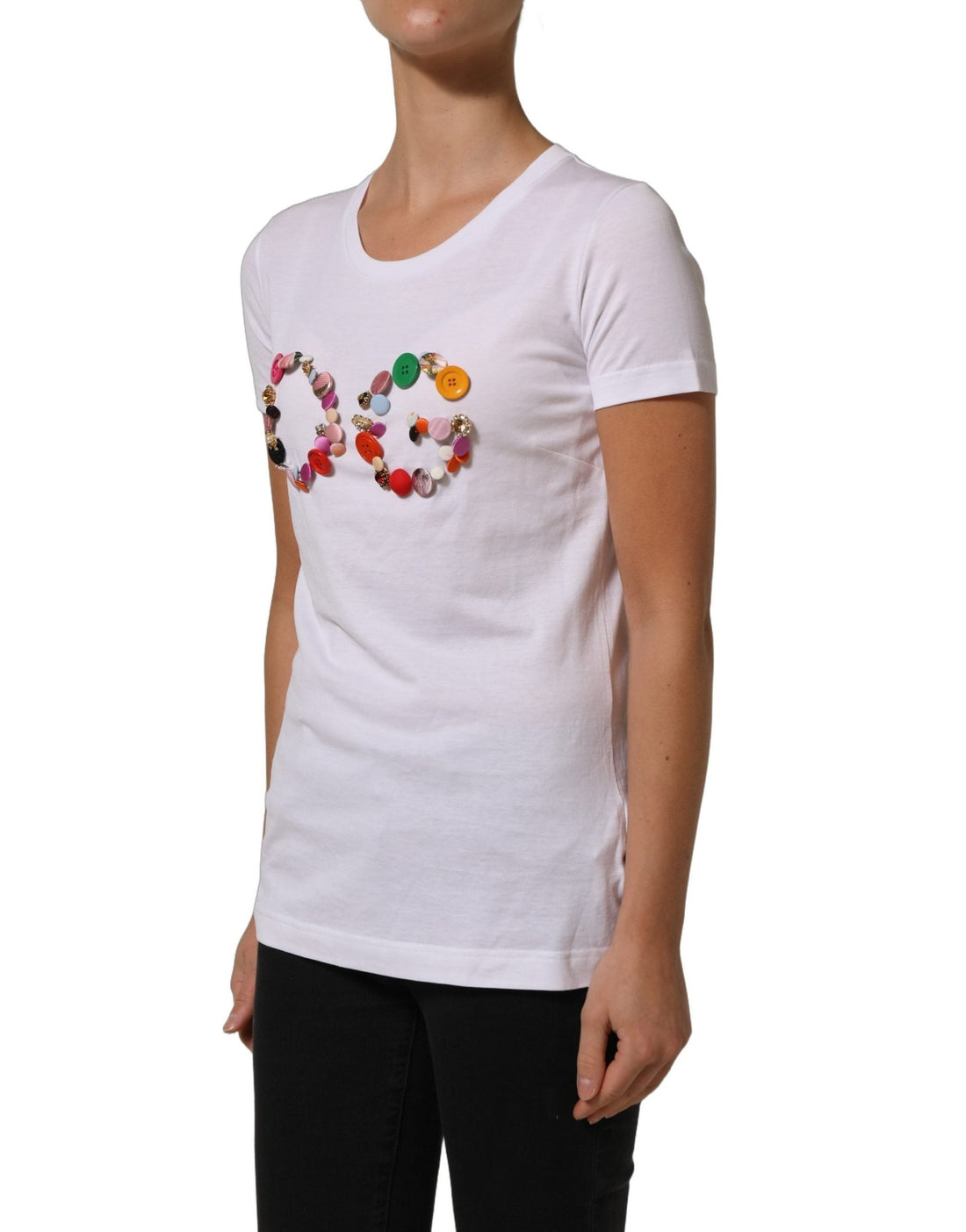 Dolce & Gabbana White DG Logo Embellished Round Neck T-shirt - RIMODA