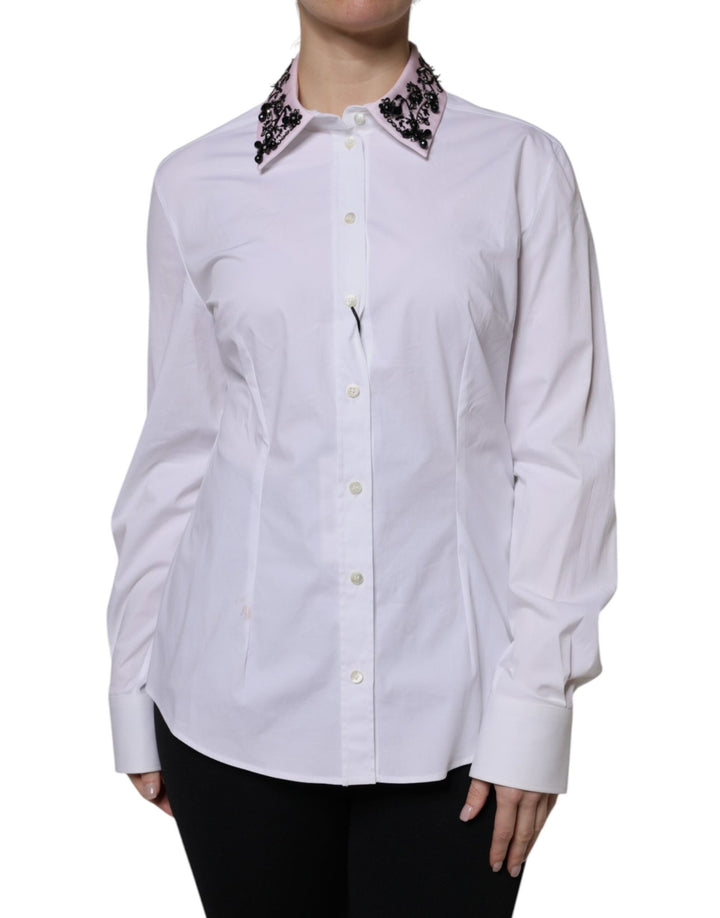 Dolce & Gabbana White Embellished Collared Dress Shirt Top - RIMODA