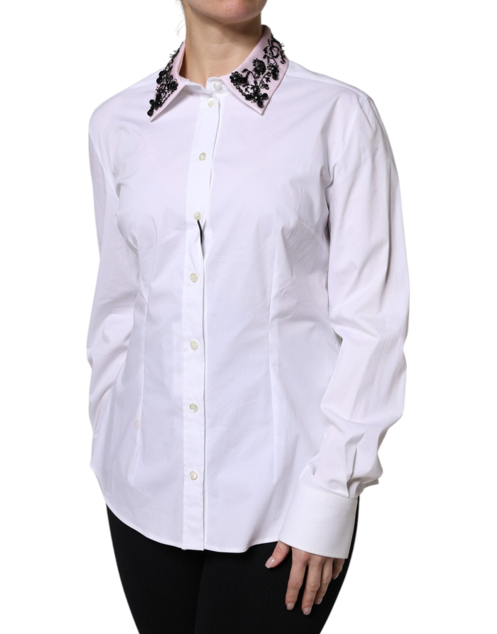 Dolce & Gabbana White Embellished Collared Dress Shirt Top - RIMODA