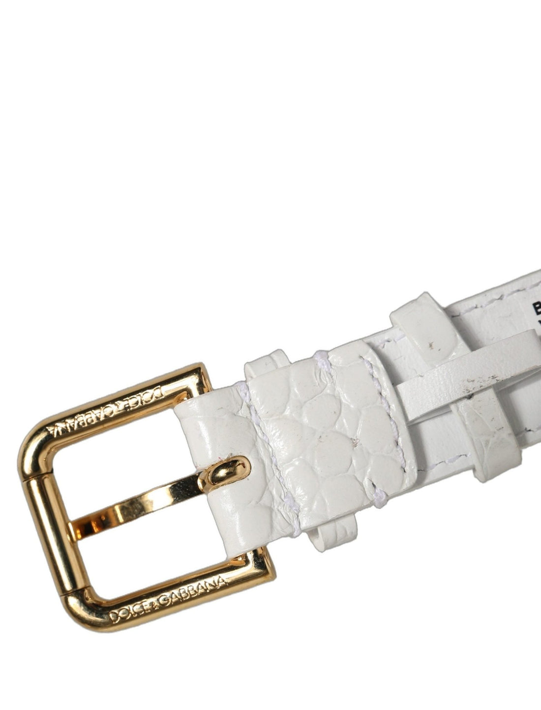 Dolce & Gabbana White Embossed Leather Gold Buckle Belt Strap Bracelet - RIMODA