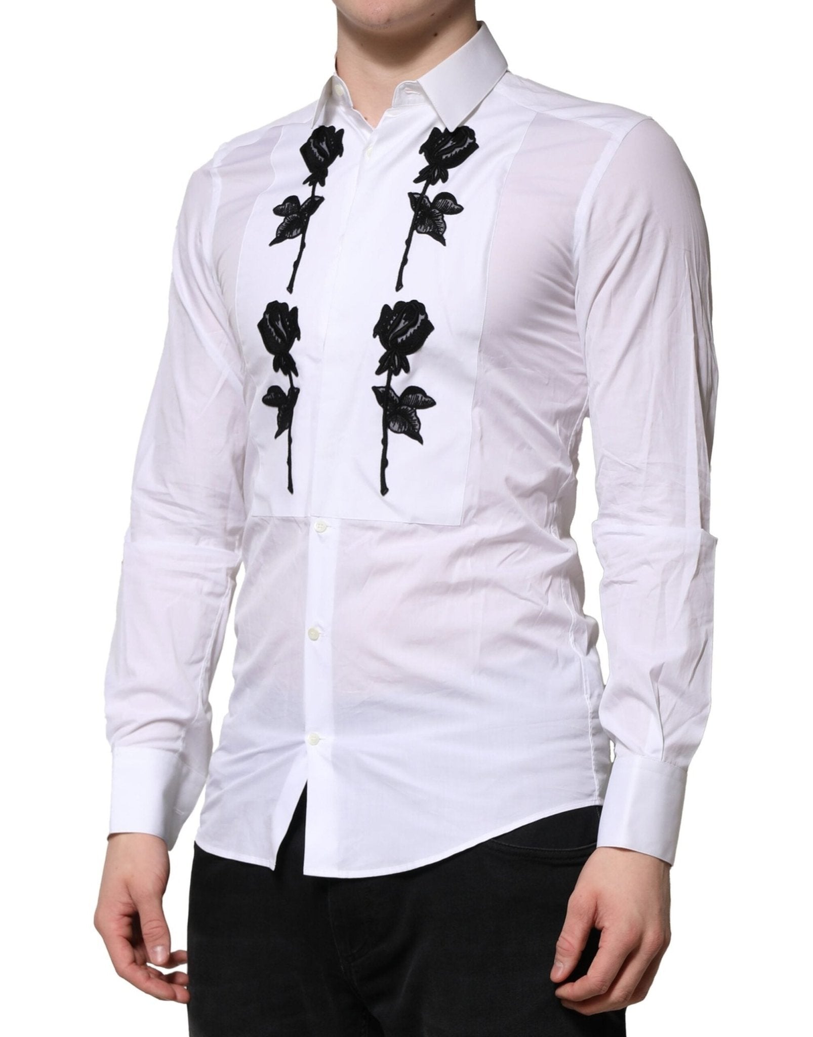 Dolce & Gabbana White Floral Embroidery Men GOLD Formal Shirt - RIMODA
