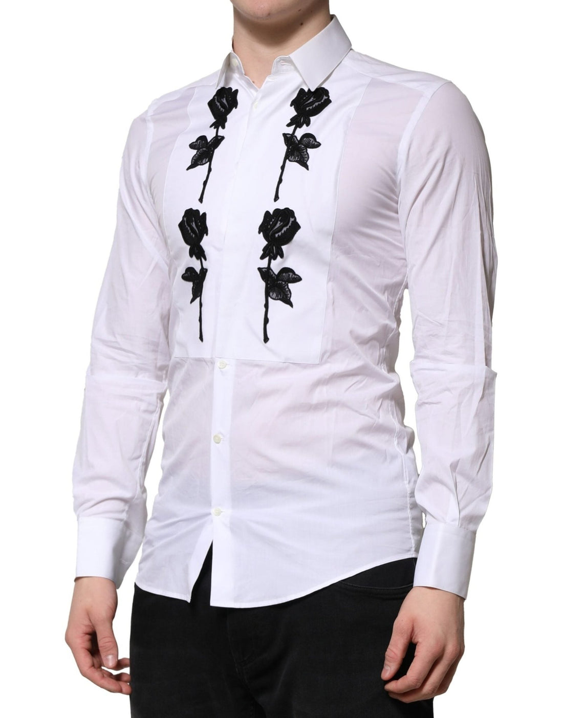 Dolce & Gabbana White Floral Embroidery Men GOLD Formal Shirt - RIMODA